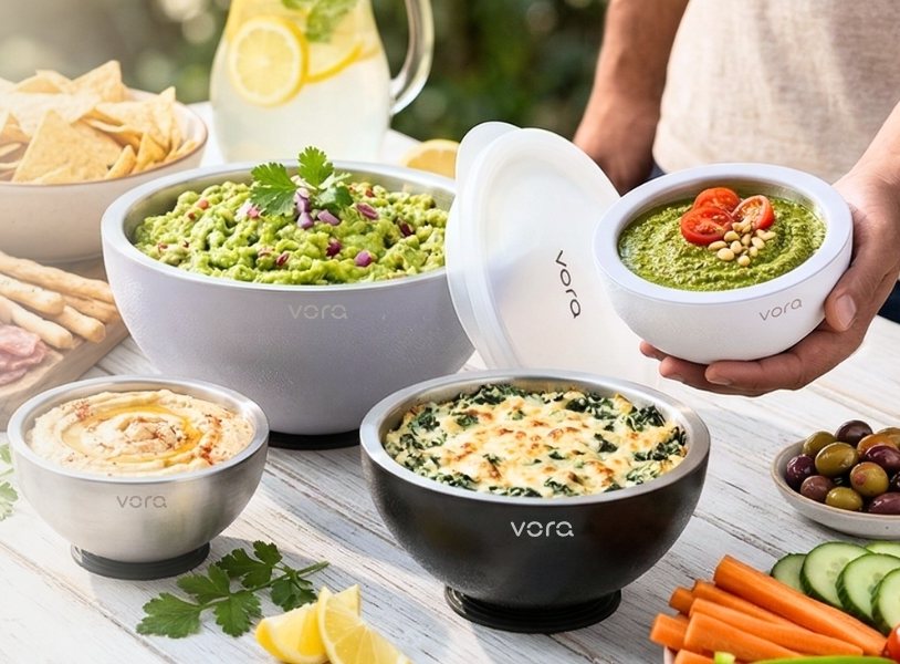 Vora chilled serving bowl filled with fresh guacamole